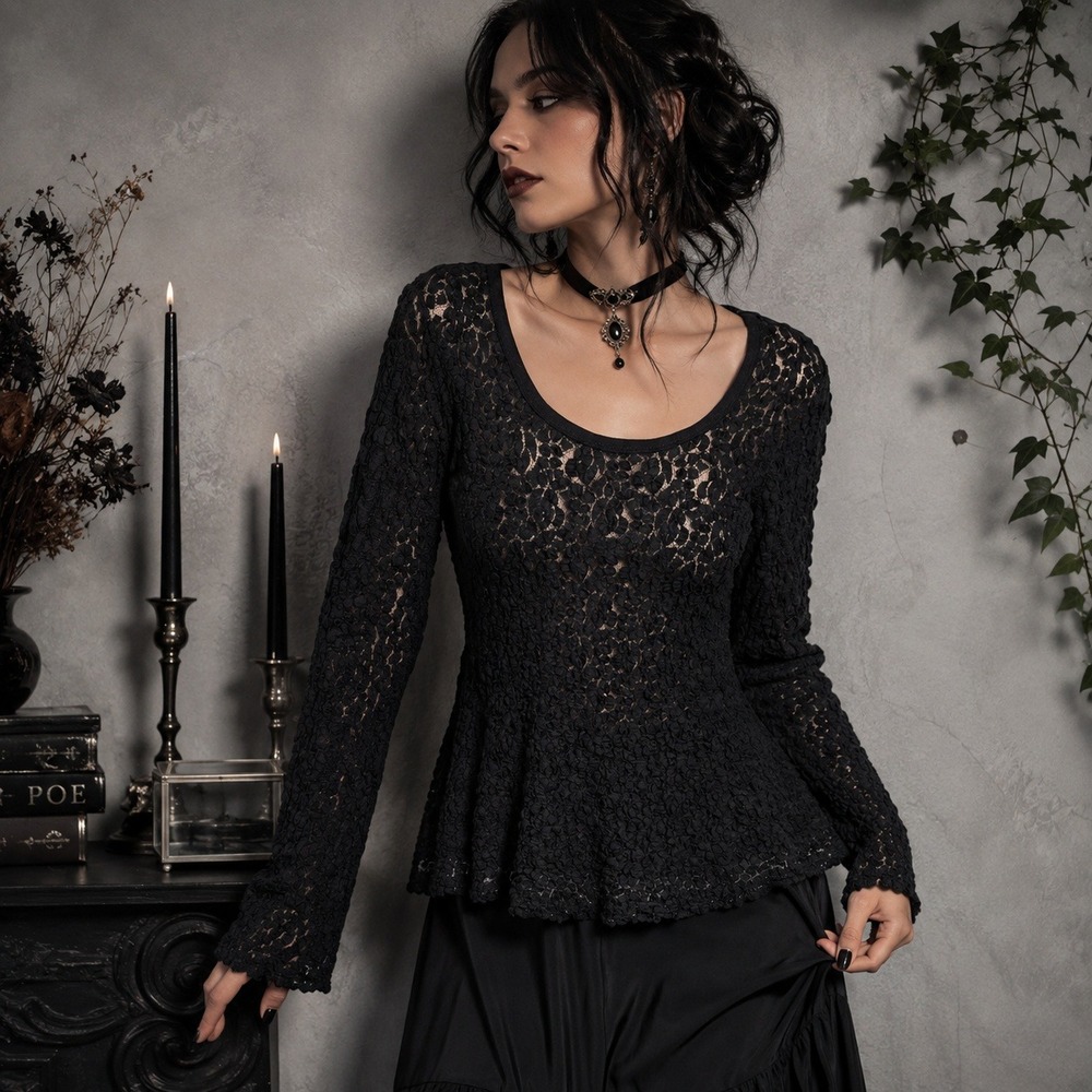 Sheer Textured Lace Layering Top Size M Boho Dark Coquette Whimsigoth Grunge Alt